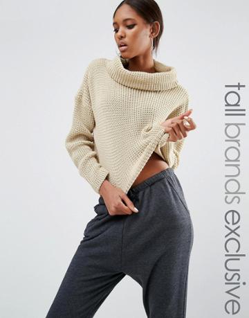 Daisy Street Tall Roll Neck Knitted Cropped Sweater - Beige