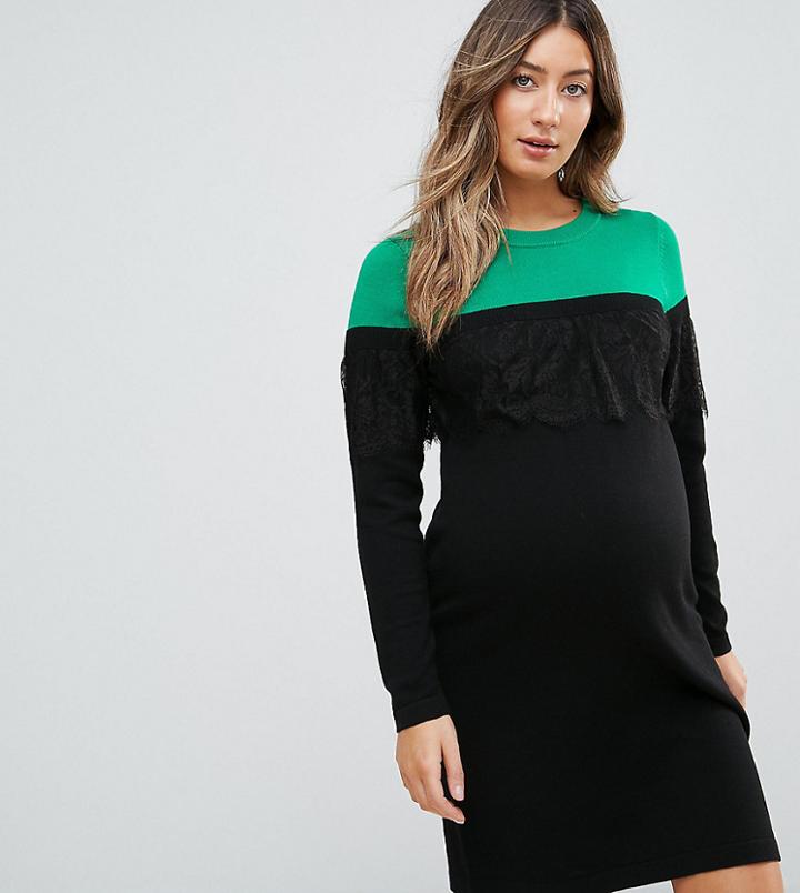 Asos Maternity Knitted Mini Dress In Color Block With Lace - Multi