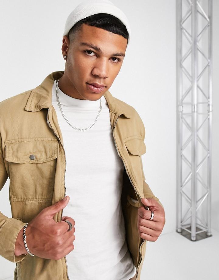 Brave Soul Full Zip Twill Jacket In Stone-neutral