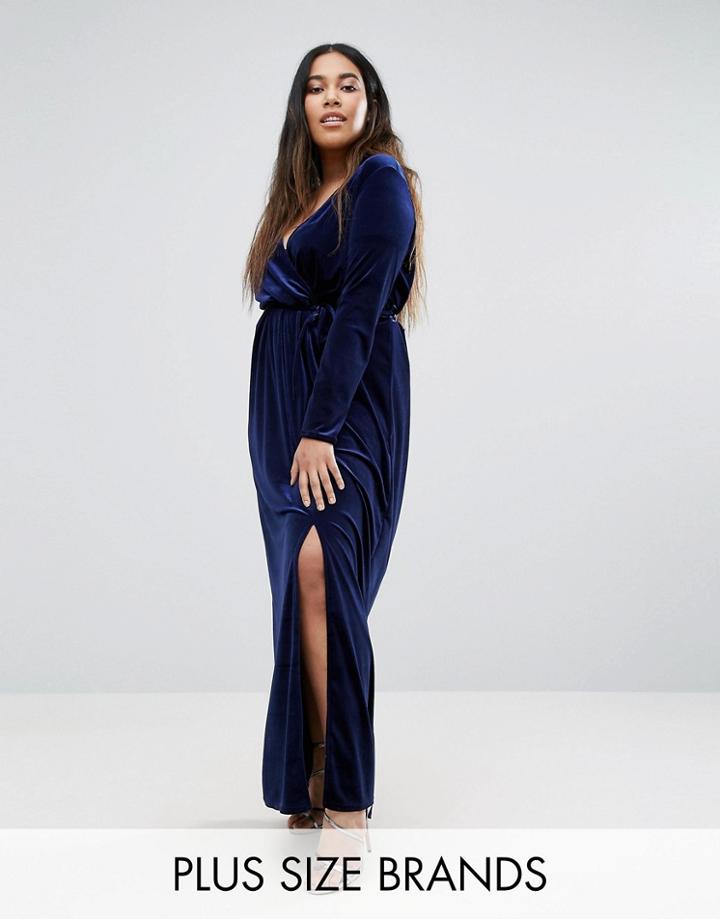 Club L Plus Velvet Maxi Dress With Wrap Front - Blue