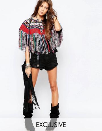 Hiptipico Handmade Fringed Cape In Red With Multi Stripe Embroidery - Multi