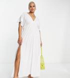 Asos Design Curve Flutter Sleeve Maxi Beach Dress In White