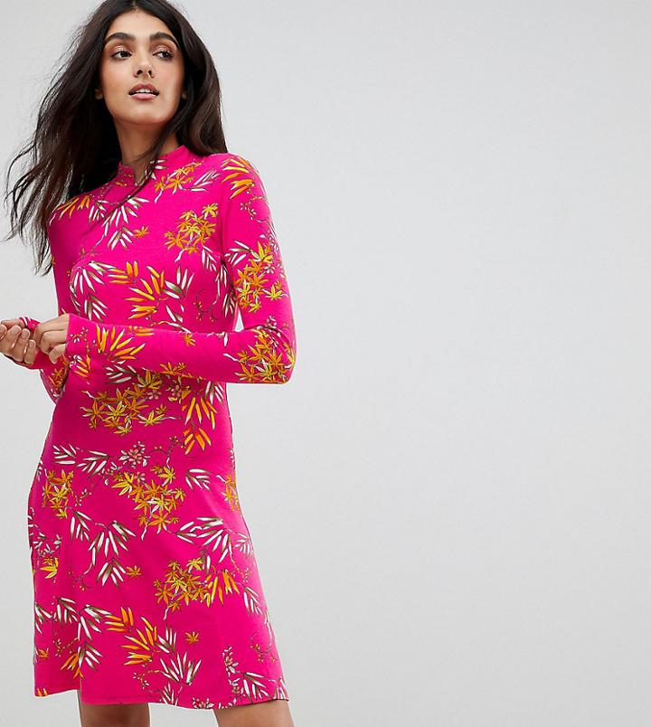 Asos Tall Mini Tea Dress With High Neck In Pink Bamboo Print - Multi