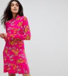 Asos Tall Mini Tea Dress With High Neck In Pink Bamboo Print - Multi