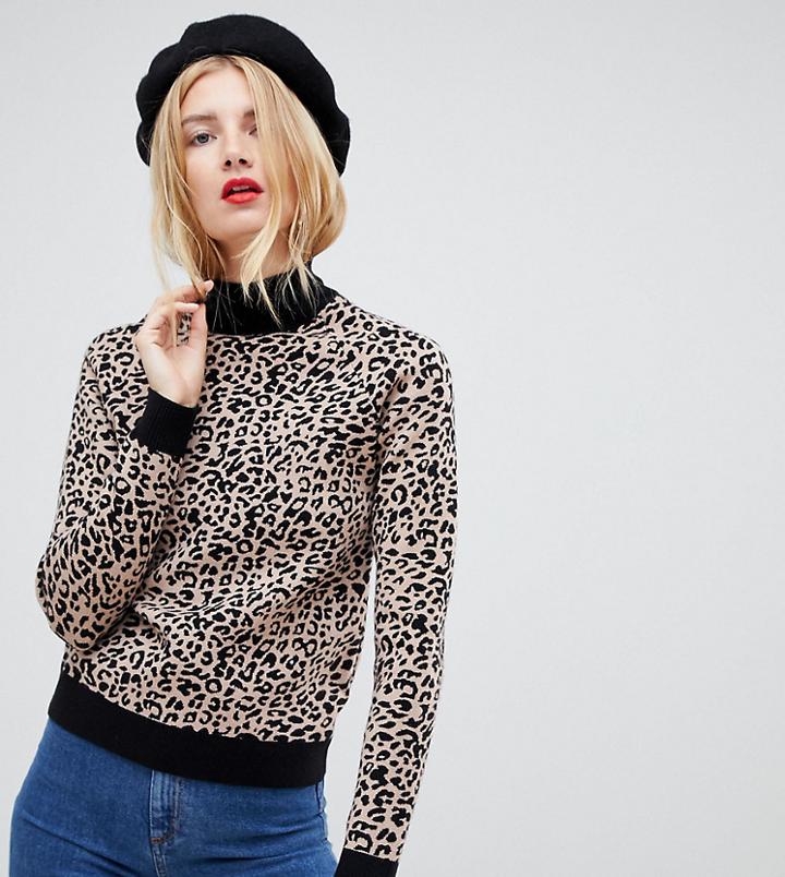 Asos Design Tall High Neck Sweater In Fine Knit In Animal - Multi