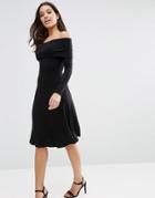 Asos Long Sleeve Deep Bardot Midi Skater Dress - Black