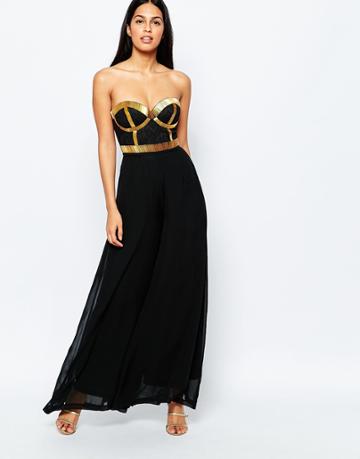 Rare Opulence Jumpsuit With Bugle Bead Embellishment - Black
