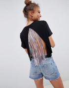 Asos Design T-shirt With Wrap Fringe Back In Black - Black