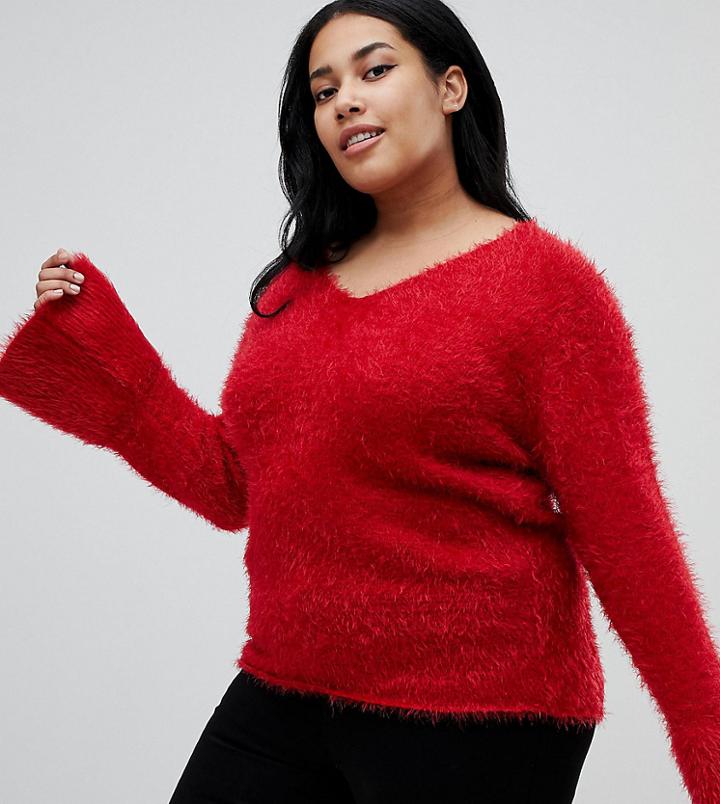 Brave Soul Plus Freya Fluffy Sweater - Red