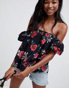 Asos Design Cotton Off Shoulder Top In Rose Print - Multi