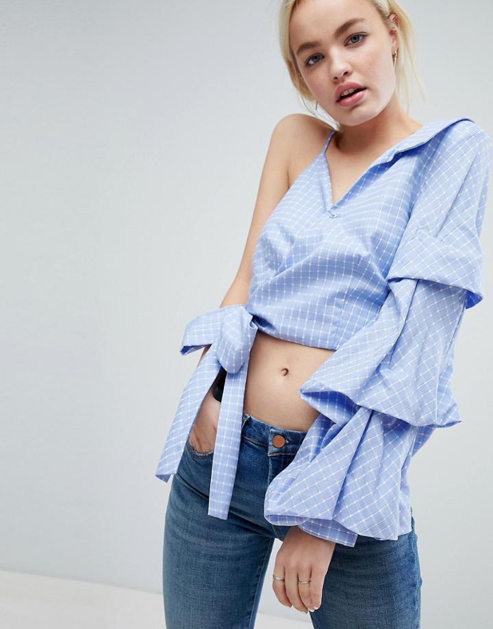 J.o.a One Shoulder Top With Extreme Ruffle Sleeve And Wrap Waist In Grid Check - Blue