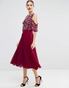 Asos Cold Shoulder Flutter Sleeve Embellished Bodice Midi Dress - Red