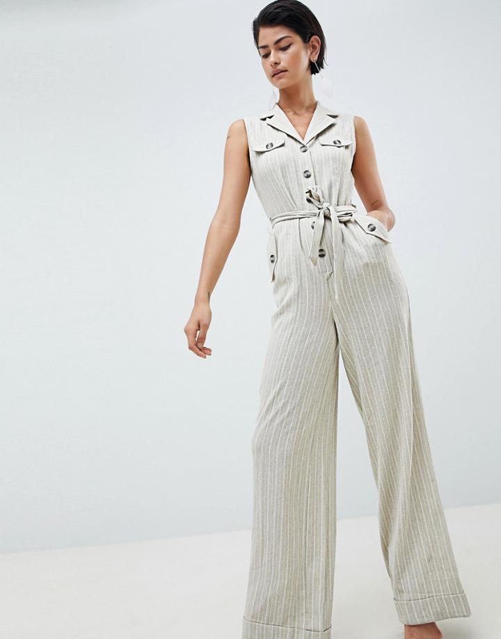 Asos Design Stripe Belted Tux Jumpsuit-beige