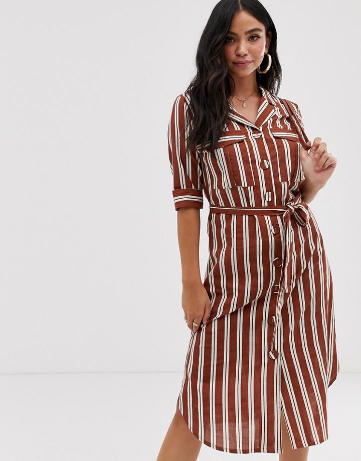 Influence Shirt Dress With Tie Waist In Stripe-brown