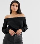 Asos Design Tall Shirred Bardot Top In Plisse-black