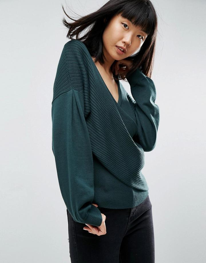 Asos Sweater In Rib With Cross Over Front - Green