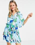 Monki Midi Shirt Dress With Tie Waist Detail In Blue Tropical Print