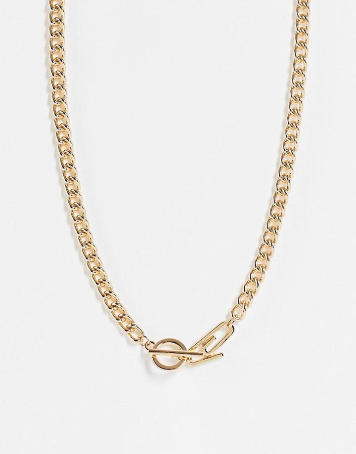 Status Syndicate Double Row Necklace With Chain And Crystal Paperclip Pendant In A Gold Finish