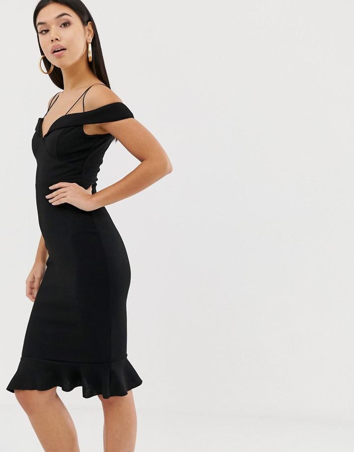 Ax Paris Strappy Midi Dress With Frill Hem-black