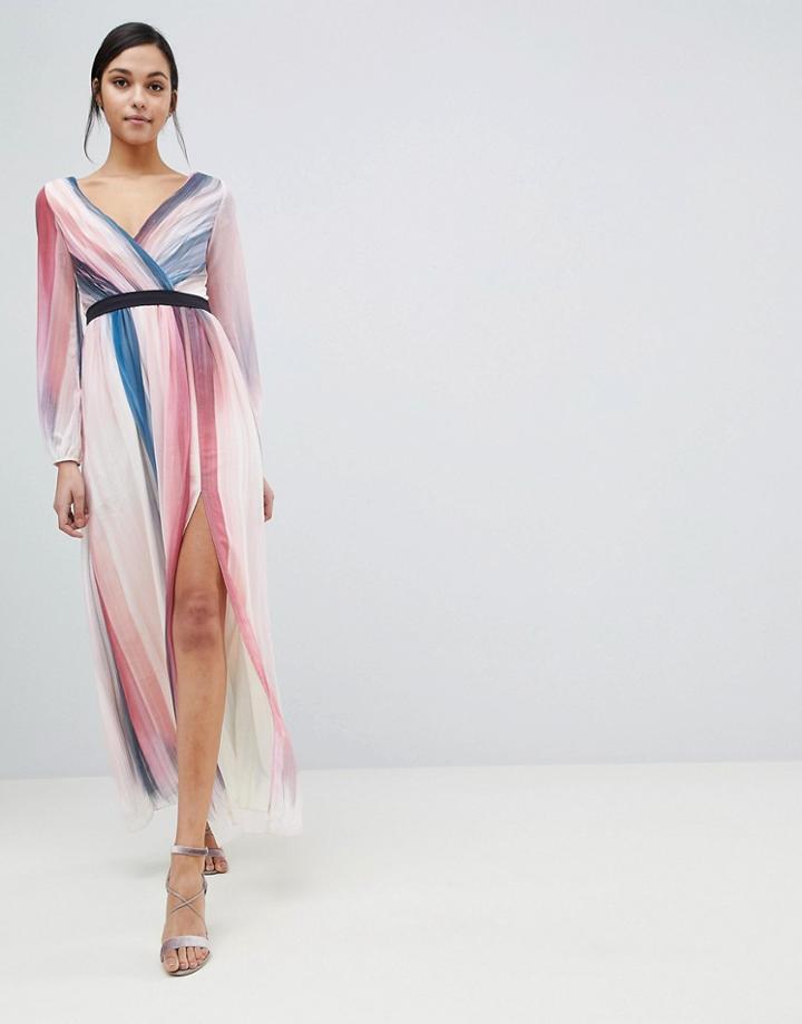 Little Mistress Contrast Stripe Plunge Front Maxi Dress - Multi