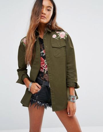 Young Bohemians Military Shirt Jacket With Delicate Floral Embroidery - Khaki