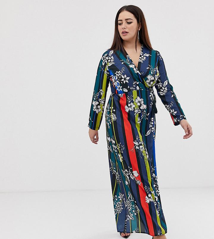 John Zack Plus Wrap Front Maxi Dress In Contrast Foral Stripe Print-multi