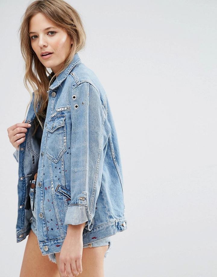 New Look Oversized Customized Denim Jacket - Blue