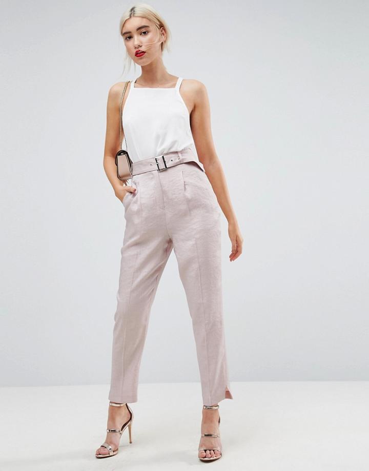 Asos Belted Pants In Pastel Sheen - Pink