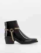 Asos Design Cuban Heel Western Chelsea Boots In Black Patent With Gold Chain