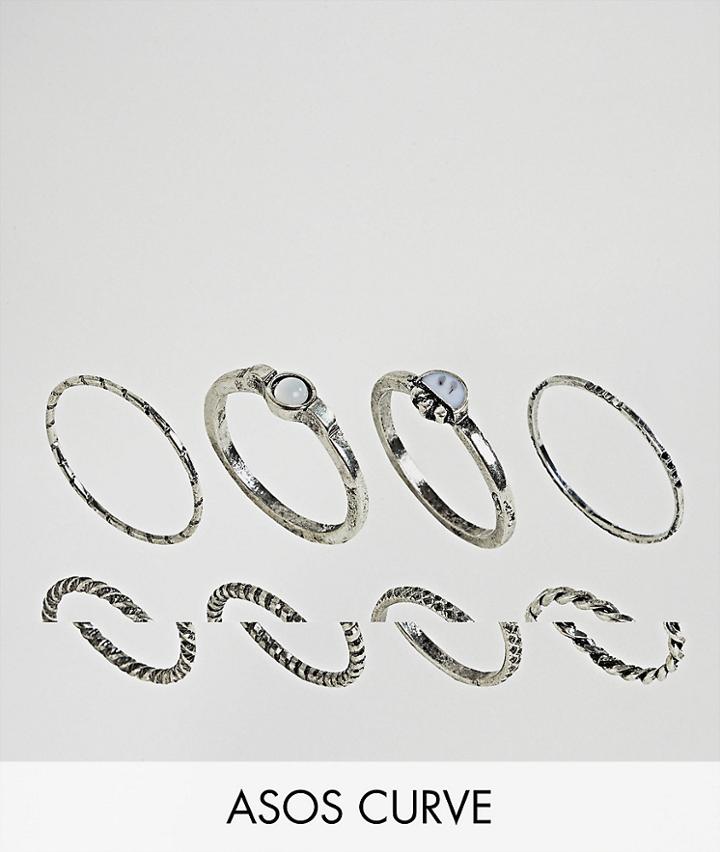 Asos Curve Pack Of 8 Woven Band And Stone Rings - Silver