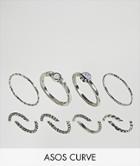 Asos Curve Pack Of 8 Woven Band And Stone Rings - Silver