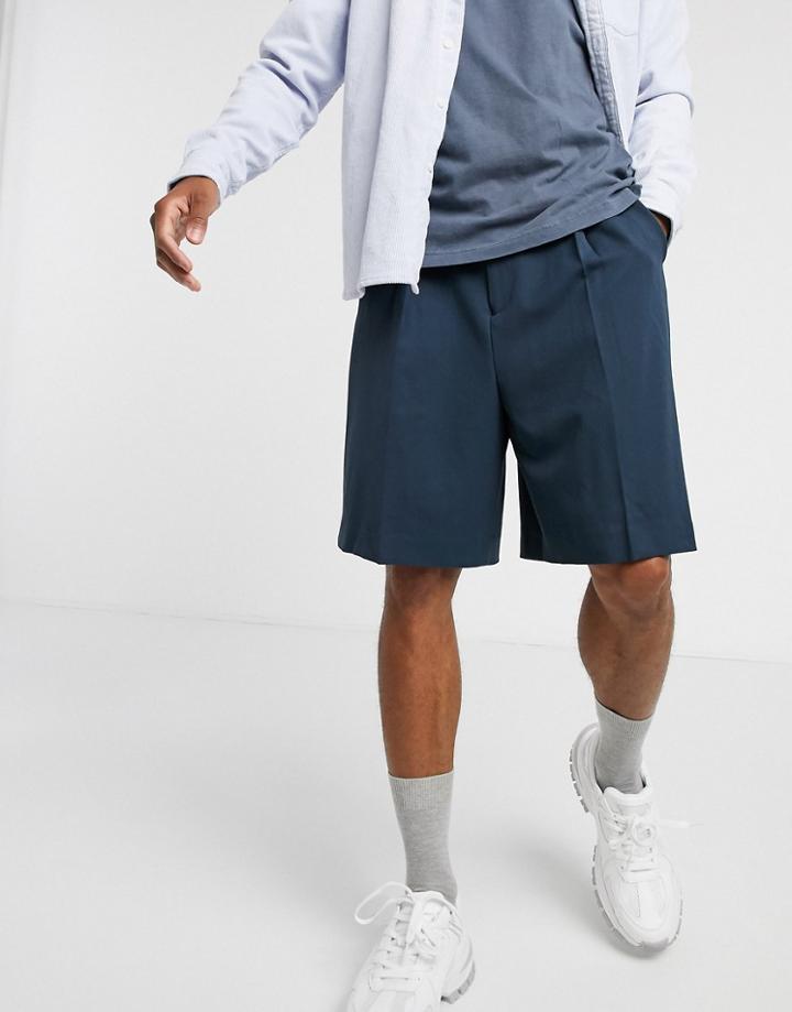 Asos Design Smart Wide Leg Mid Length Shorts In Navy