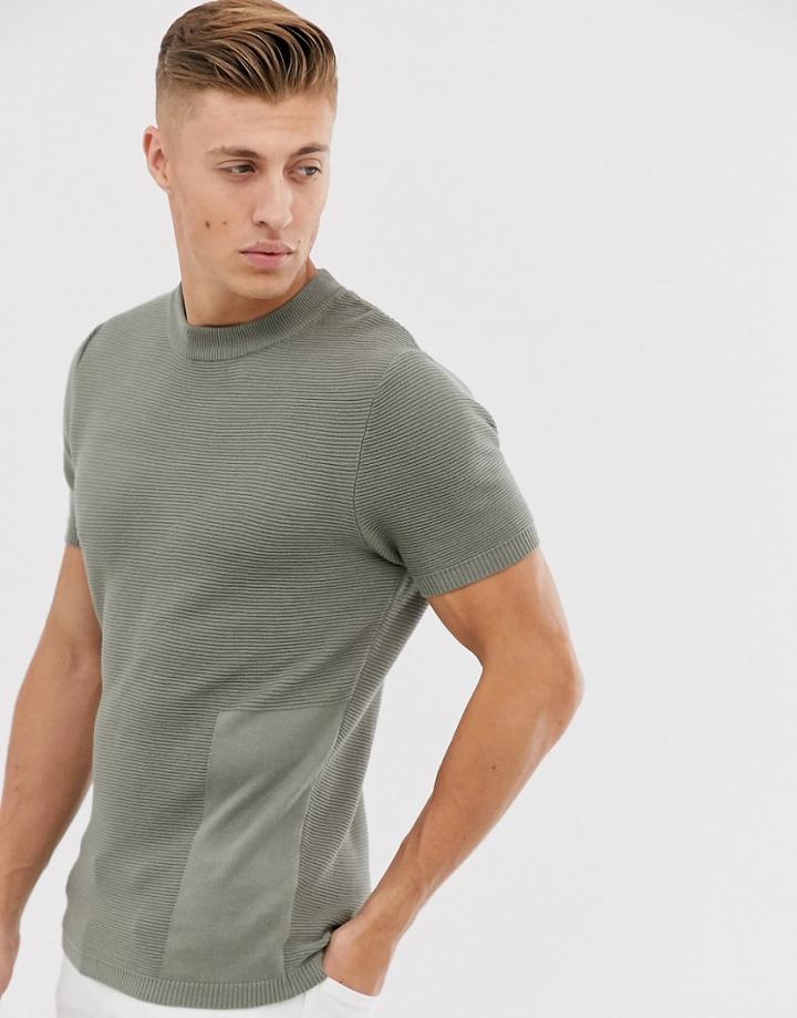 River Island Knitted T-shirt In Khaki