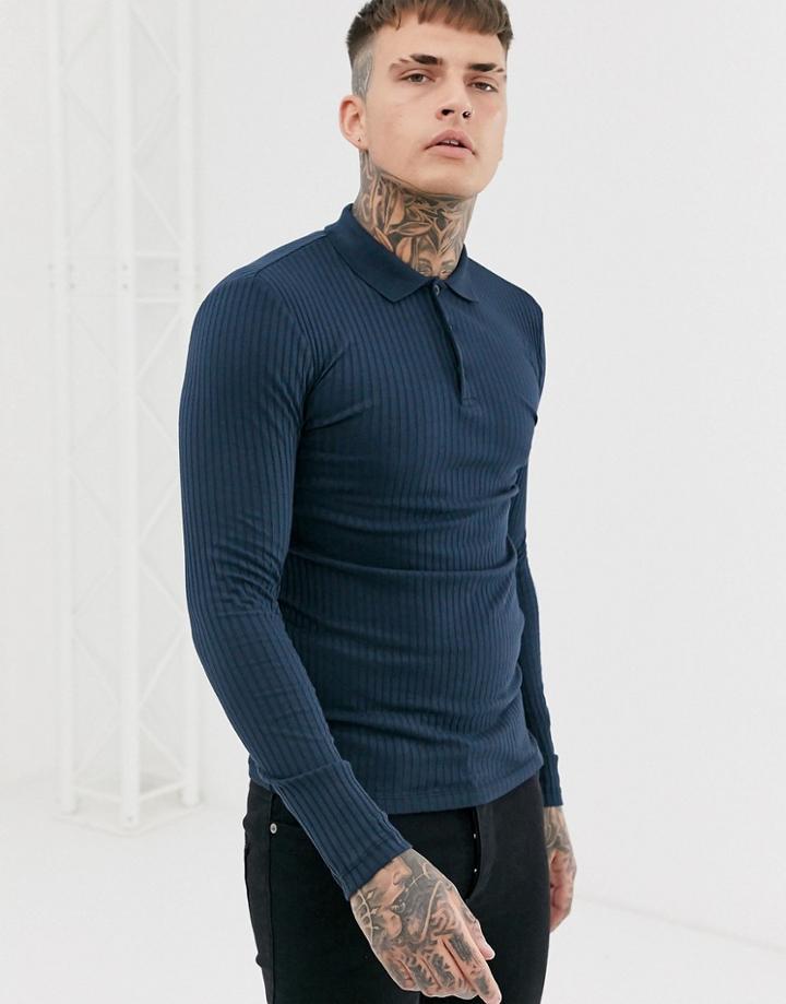 Asos Design Muscle Fit Long Sleeve Polo In Rib In Navy