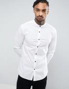 Asos Slim Shirt With Stretch In White With Grandad Collar And Contrast Buttons - White