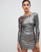 Little Mistress Long Sleeve All Over Sequin Dress-brown