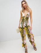 Asos Design Pastel Baroque Print Wide Leg Beach Jumpsuit-multi