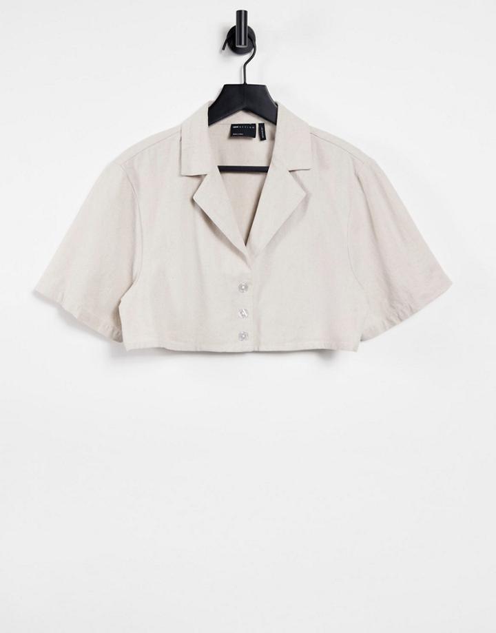 Asos Design Cropped Shirt Set In Oatmeal Linen-neutral