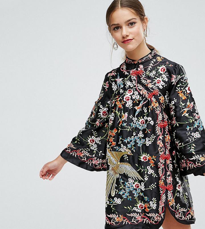 Asos Petite Embroidered Mandarin Collar Mini Dress - Multi