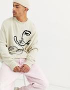 Asos Design Knitted Sweater With Hand Drawn Design - Beige
