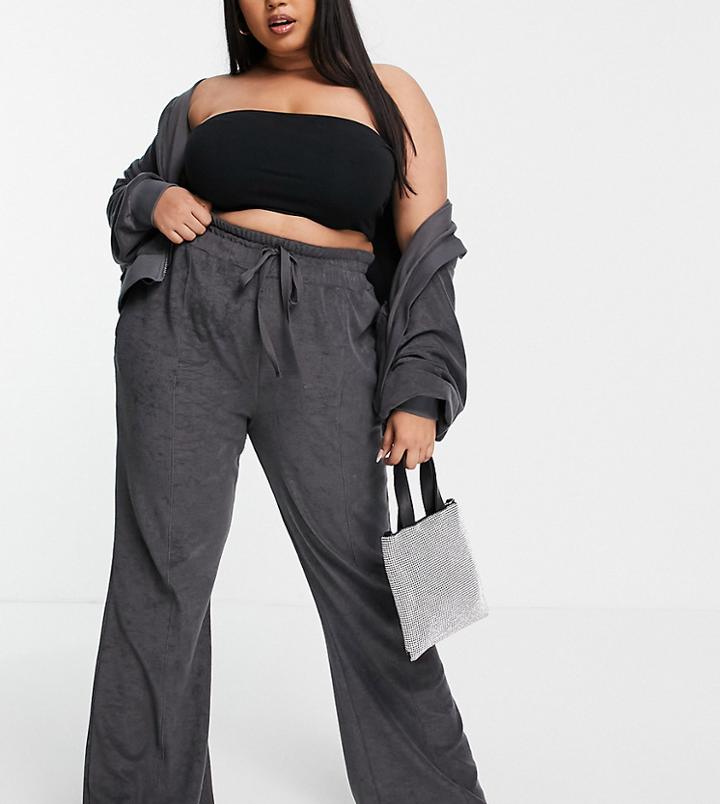 Asos Design Curve Wide Leg Terrycloth Sweatpants With Pintuck - Part Of A Set-grey