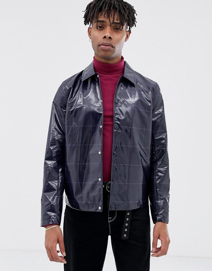 Asos Design Coach Jacket In Navy Check - Navy