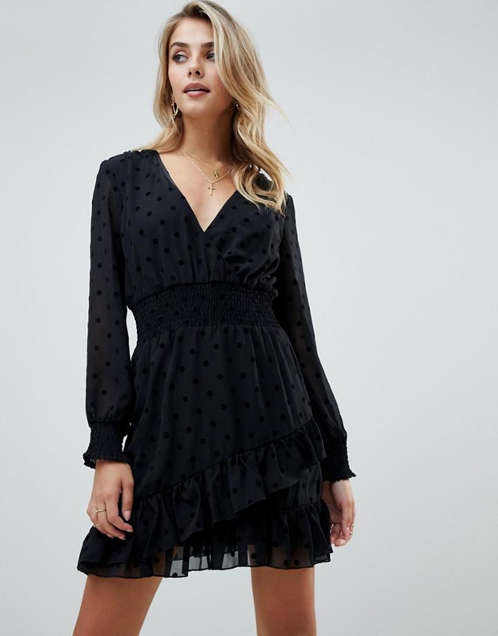Prettylittlething Dobby Spot Skater Dress In Black - Black