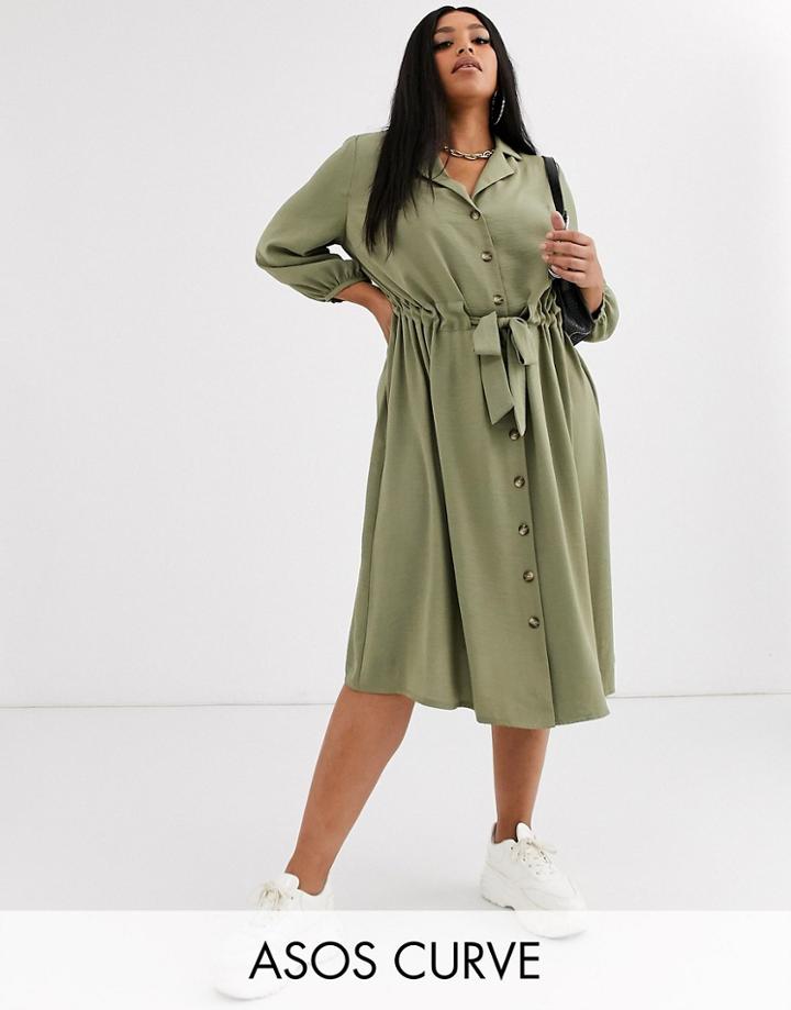 Asos Design Curve Button Through Midi Shirt Dress With Ruched Waist