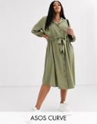 Asos Design Curve Button Through Midi Shirt Dress With Ruched Waist