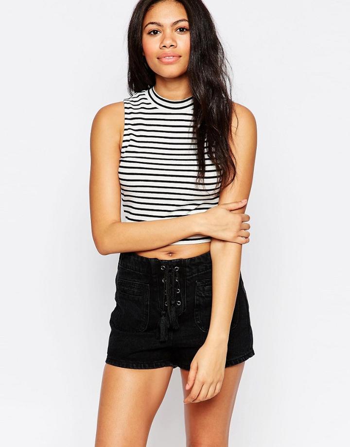 Brave Soul Cropped Striped Sleeveless Turtleneck Tank Top - Cream