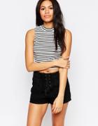 Brave Soul Cropped Striped Sleeveless Turtleneck Tank Top - Cream