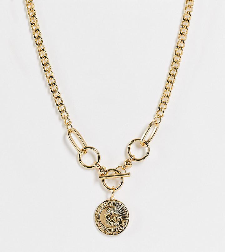 Reclaimed Vintage Inspired Chunky Necklace With Moon And Star Circle Pendant And T Bar In Gold