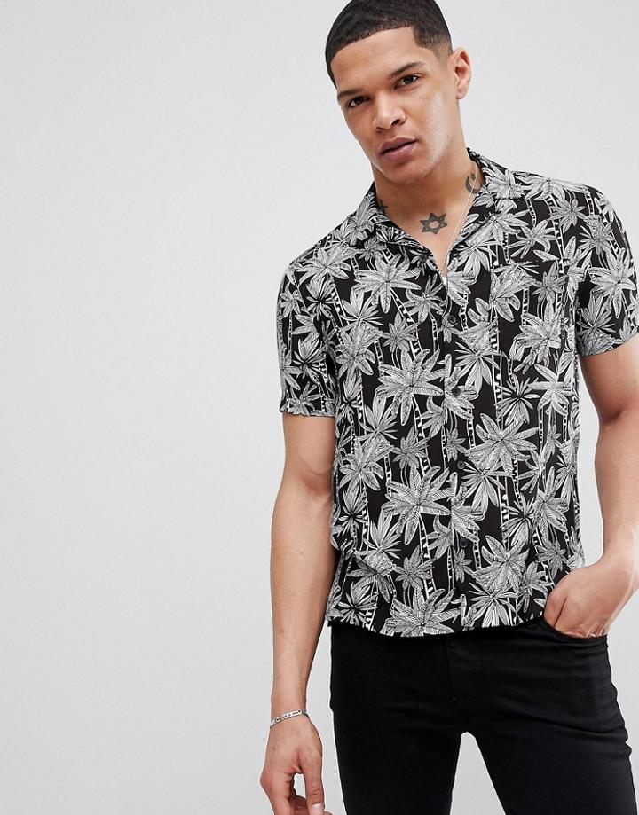 Religion Short Sleeve Revere Shirt In Black Leaf Print - Black
