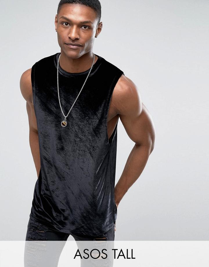 Asos Tall Longline Sleeveless T-shirt In Velour - Black